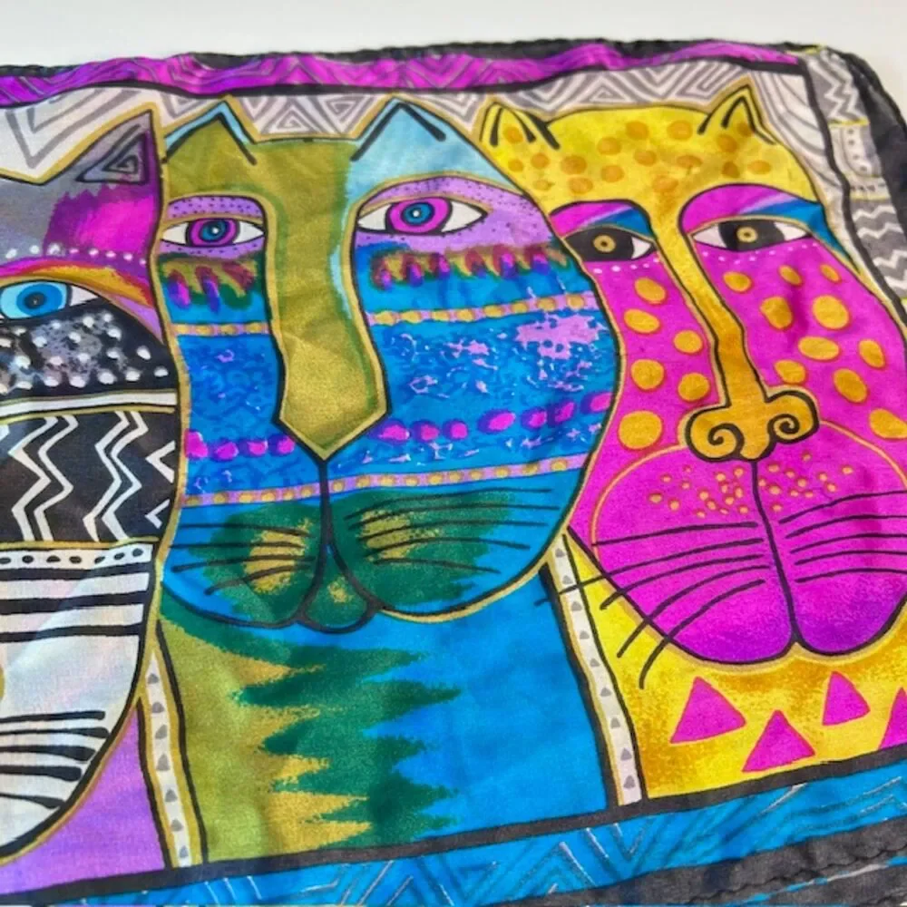 Laurel Burch Vibrant Multicolor Abstract Cat Print 100% Silk Rectangle Scarf